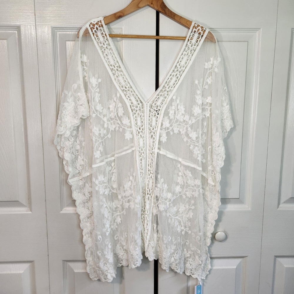 Cupshe White Floral Lace Kaftan Swim Cover Up V-Neck Crochet Trim OS Resortwear
